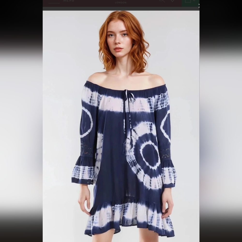 New Navy and White Tie Die Off-Shoulder Dress